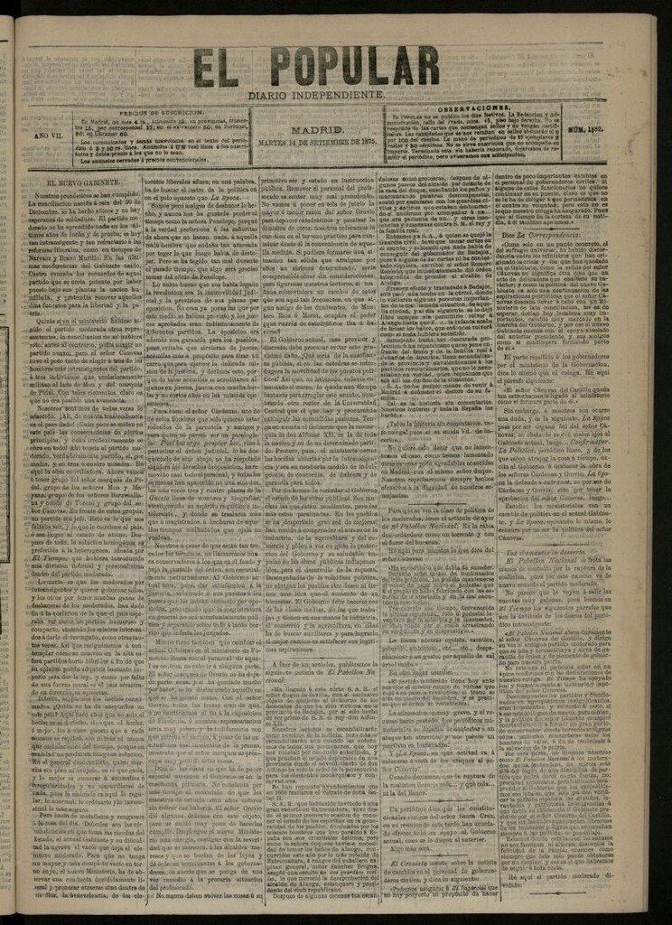 Miniatura de El Popular: diario independiente, político, literario y de noticias de interés general del 14 de septiembre de 1875, nº 1882