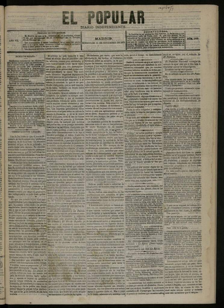Miniatura de El Popular: diario independiente, político, literario y de noticias de interés general del 15 de septiembre de 1875, nº 1883