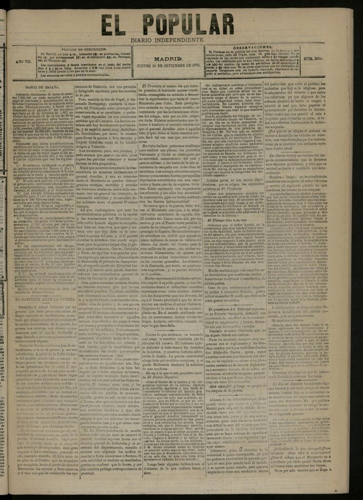 Miniatura de El Popular: diario independiente, político, literario y de noticias de interés general del 16 de septiembre de 1875, nº 1884