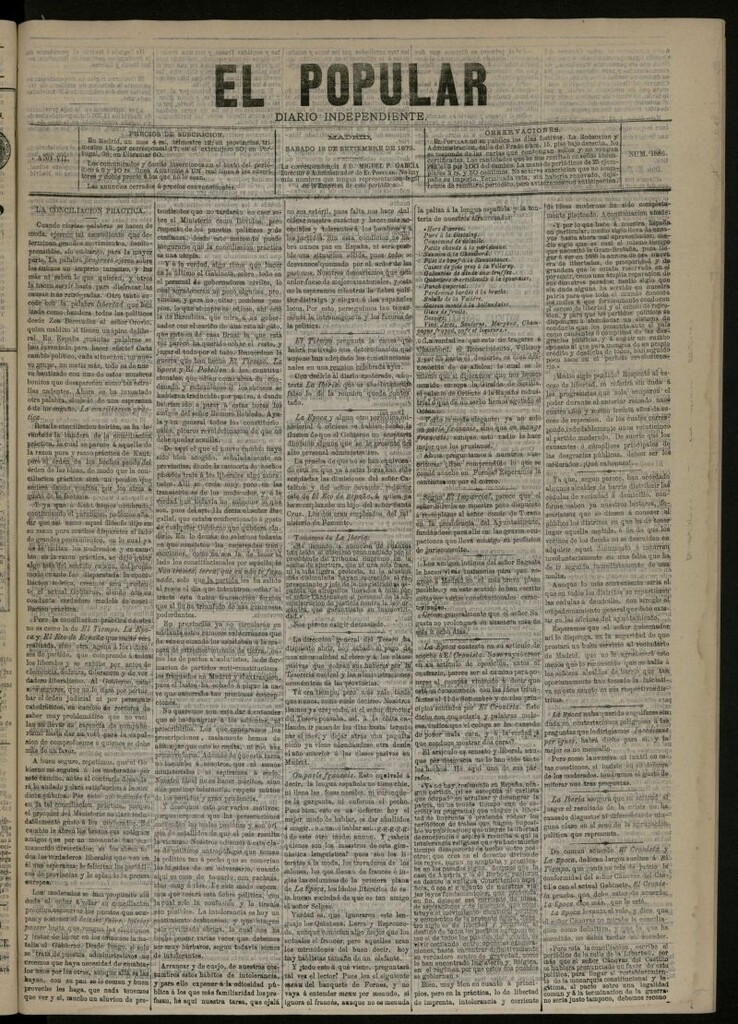 Miniatura de El Popular: diario independiente, político, literario y de noticias de interés general del 18 de septiembre de 1875, nº 1886