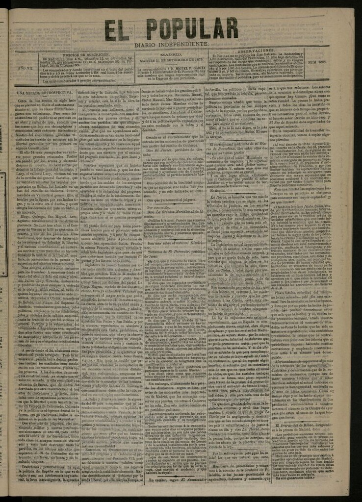 Miniatura de El Popular: diario independiente, político, literario y de noticias de interés general del 21 de septiembre de 1875, nº 1888