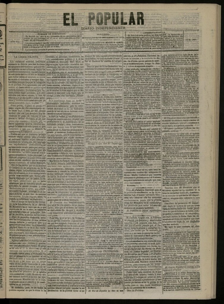 Miniatura de El Popular: diario independiente, político, literario y de noticias de interés general del 22 de septiembre de 1875, nº 1889