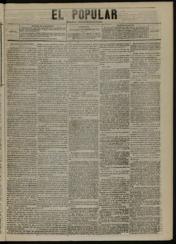 Miniatura de El Popular: diario independiente, político, literario y de noticias de interés general del 23 de septiembre de 1875, nº 1890