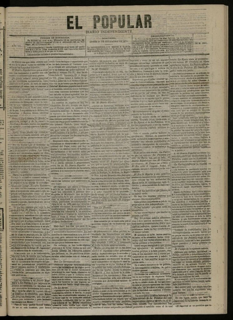 Miniatura de El Popular: diario independiente, político, literario y de noticias de interés general del 27 de septiembre de 1875, nº 1893