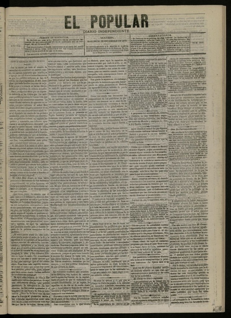 Miniatura de El Popular: diario independiente, político, literario y de noticias de interés general del 28 de septiembre de 1875, nº 1894