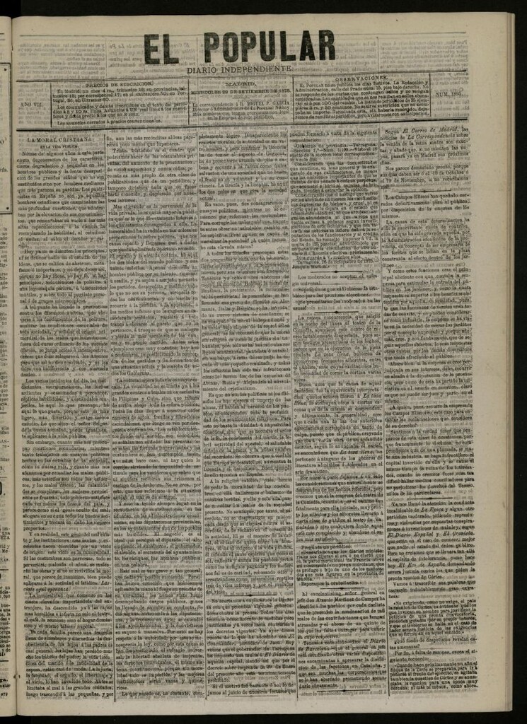 Miniatura de El Popular: diario independiente, político, literario y de noticias de interés general del 29 de septiembre de 1875, nº 1895