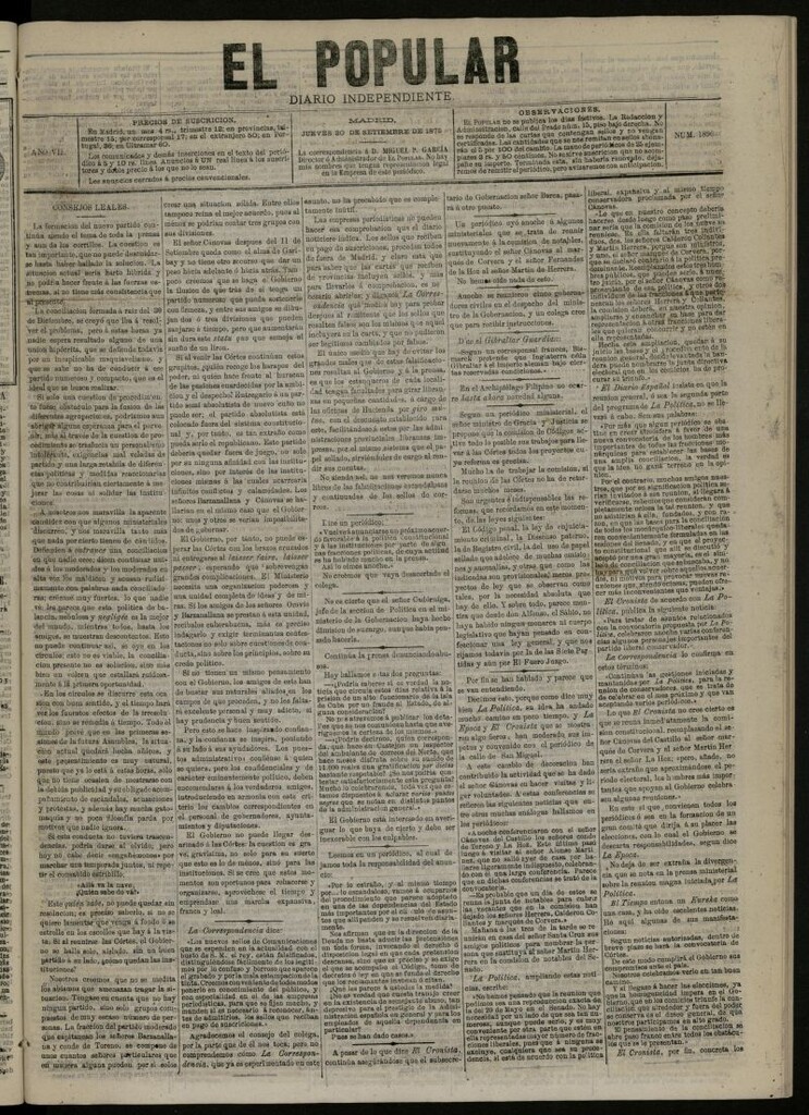 Miniatura de El Popular: diario independiente, político, literario y de noticias de interés general del 30 de septiembre de 1875, nº 1896