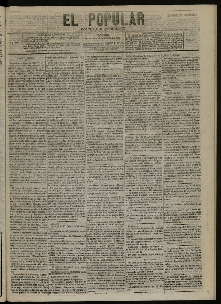 Miniatura de El Popular: diario independiente, político, literario y de noticias de interés general del 2 de octubre de 1875, nº 1898