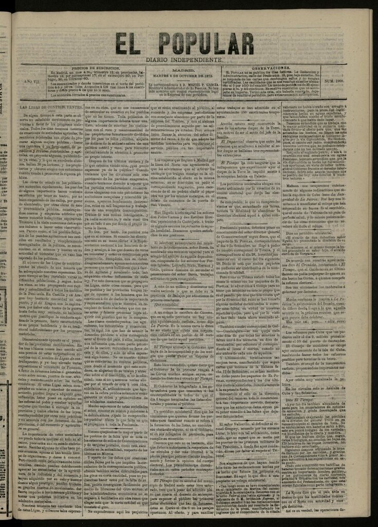 Miniatura de El Popular: diario independiente, político, literario y de noticias de interés general del 5 de octubre de 1875, nº 1900