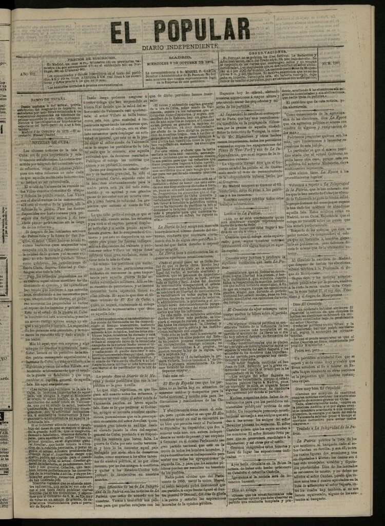 Miniatura de El Popular: diario independiente, político, literario y de noticias de interés general del 6 de octubre de 1875, nº 1901