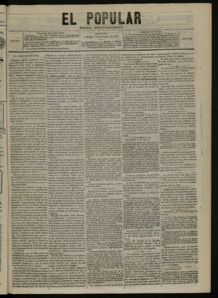 Miniatura de El Popular: diario independiente, político, literario y de noticias de interés general del 7 de octubre de 1875, nº 1902
