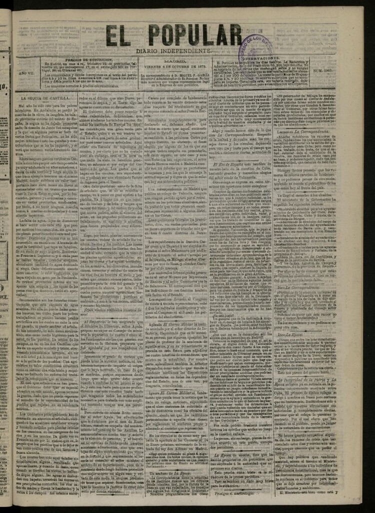 Miniatura de El Popular: diario independiente, político, literario y de noticias de interés general del 8 de octubre de 1875, nº 1903