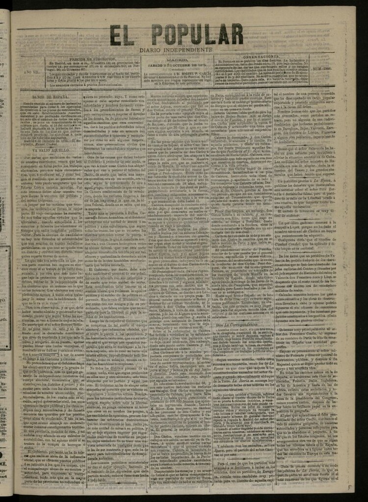 Miniatura de El Popular: diario independiente, político, literario y de noticias de interés general del 9 de octubre de 1875, nº 1904