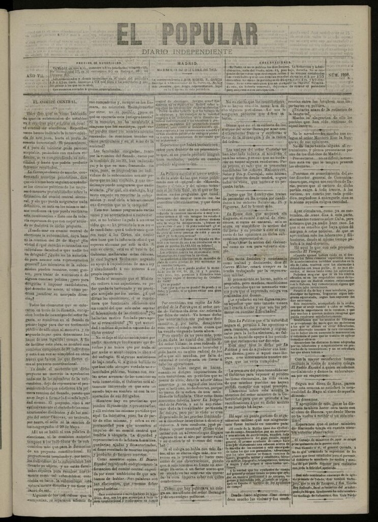 Miniatura de El Popular: diario independiente, político, literario y de noticias de interés general del 12 de octubre de 1875, nº 1906