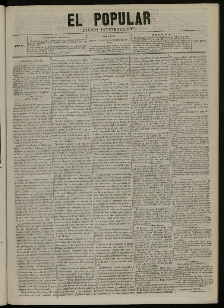 Miniatura de El Popular: diario independiente, político, literario y de noticias de interés general del 13 de octubre de 1875, nº 1907