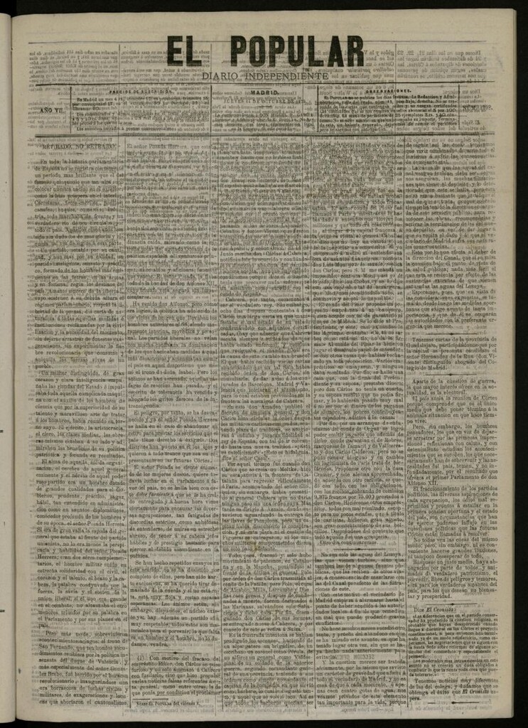 Miniatura de El Popular: diario independiente, político, literario y de noticias de interés general del 14 de octubre de 1875, nº 1908