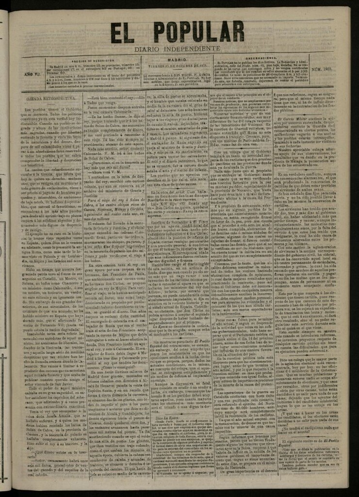 Miniatura de El Popular: diario independiente, político, literario y de noticias de interés general del 15 de octubre de 1875, nº 1909