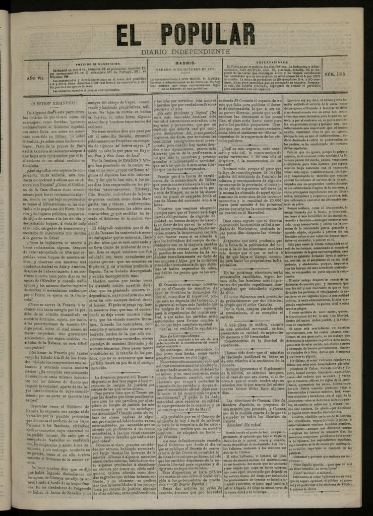Miniatura de El Popular: diario independiente, político, literario y de noticias de interés general del 16 de octubre de 1875, nº 1910