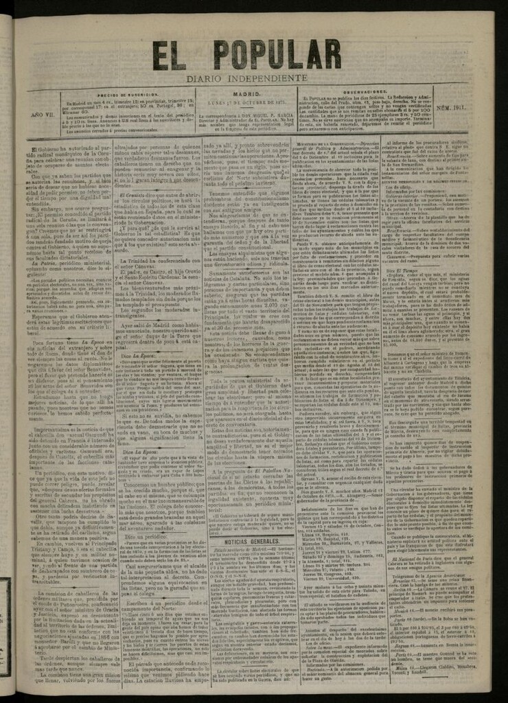 Miniatura de El Popular: diario independiente, político, literario y de noticias de interés general del 17 de octubre de 1875, nº 1911