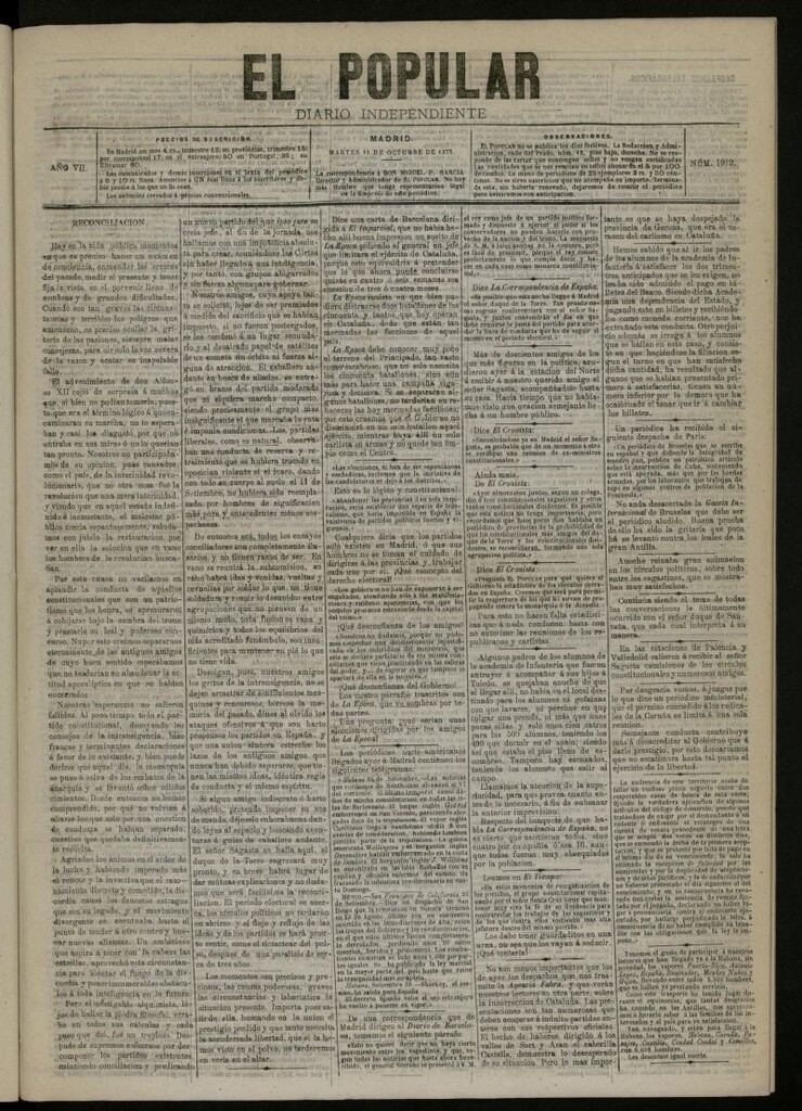 Miniatura de El Popular: diario independiente, político, literario y de noticias de interés general del 19 de octubre de 1875, nº 1912