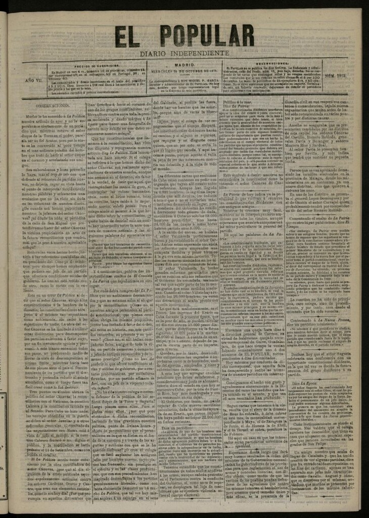 Miniatura de El Popular: diario independiente, político, literario y de noticias de interés general del 20 de octubre de 1875, nº 1913