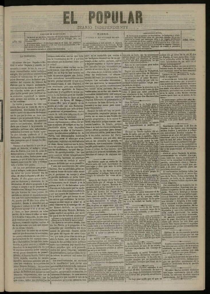 Miniatura de El Popular: diario independiente, político, literario y de noticias de interés general del 21 de octubre de 1875, nº 1914