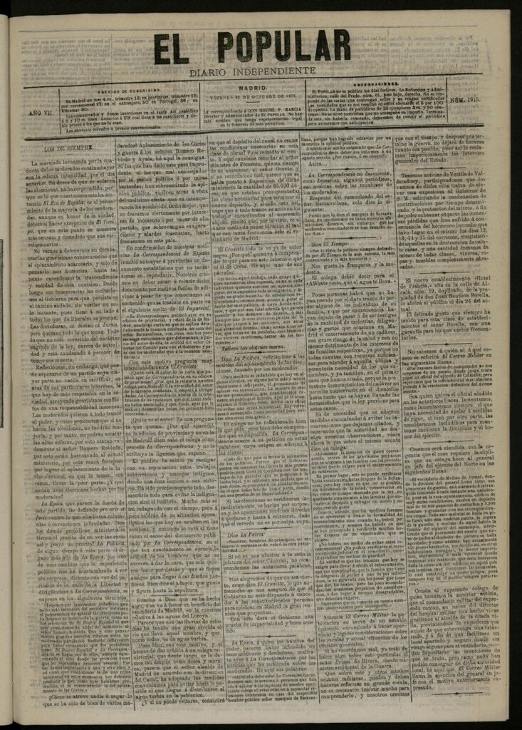 Miniatura de El Popular: diario independiente, político, literario y de noticias de interés general del 22 de octubre de 1875, nº 1915