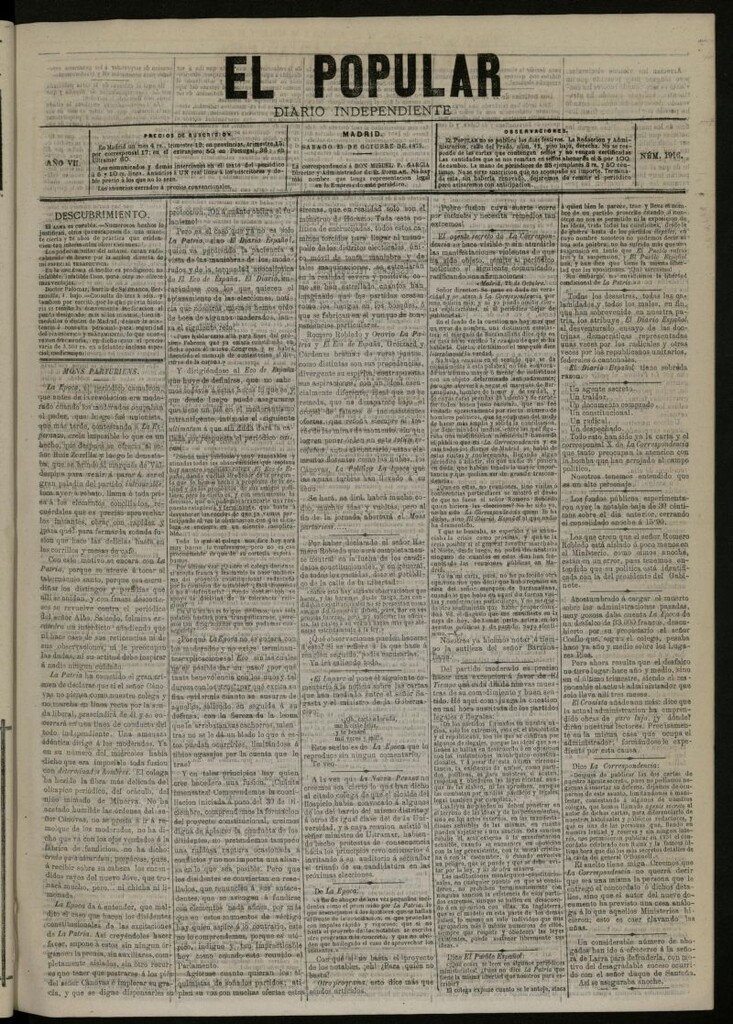 Miniatura de El Popular: diario independiente, político, literario y de noticias de interés general del 23 de octubre de 1875, nº 1916