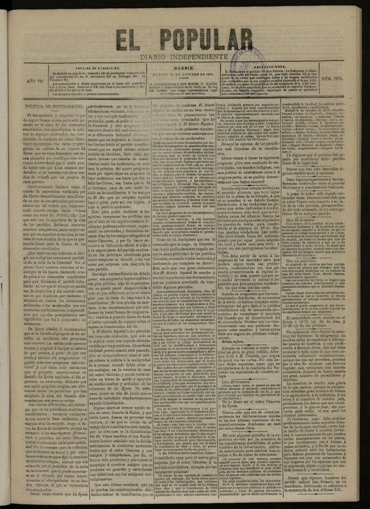 Miniatura de El Popular: diario independiente, político, literario y de noticias de interés general del 26 de octubre de 1875, nº 1918