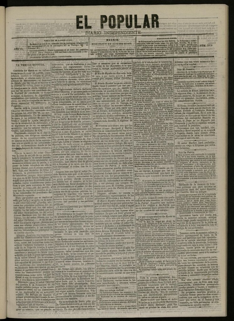 Miniatura de El Popular: diario independiente, político, literario y de noticias de interés general del 27 de octubre de 1875, nº 1919