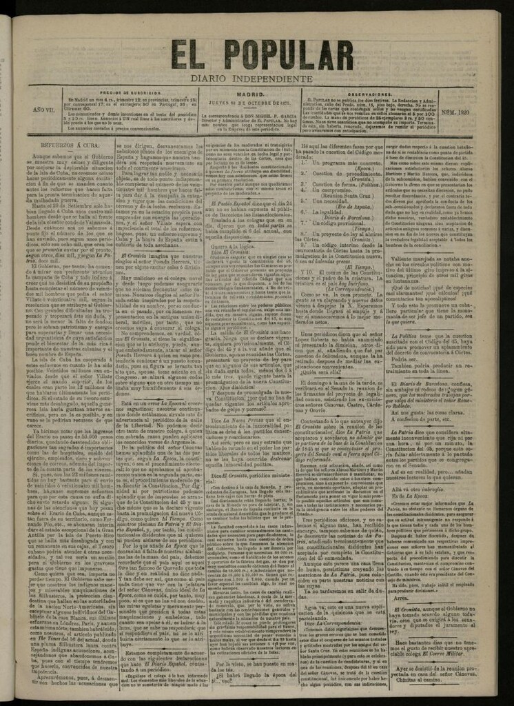 Miniatura de El Popular: diario independiente, político, literario y de noticias de interés general del 28 de octubre de 1875, nº 1920