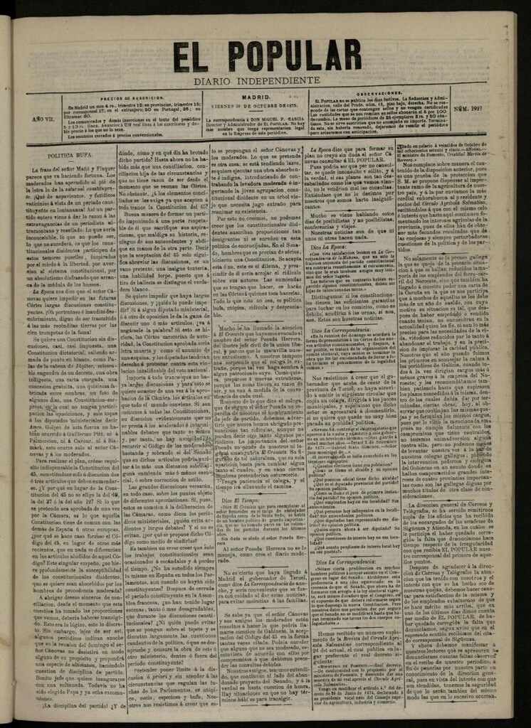 Miniatura de El Popular: diario independiente, político, literario y de noticias de interés general del 30 de octubre de 1875, nº 1921