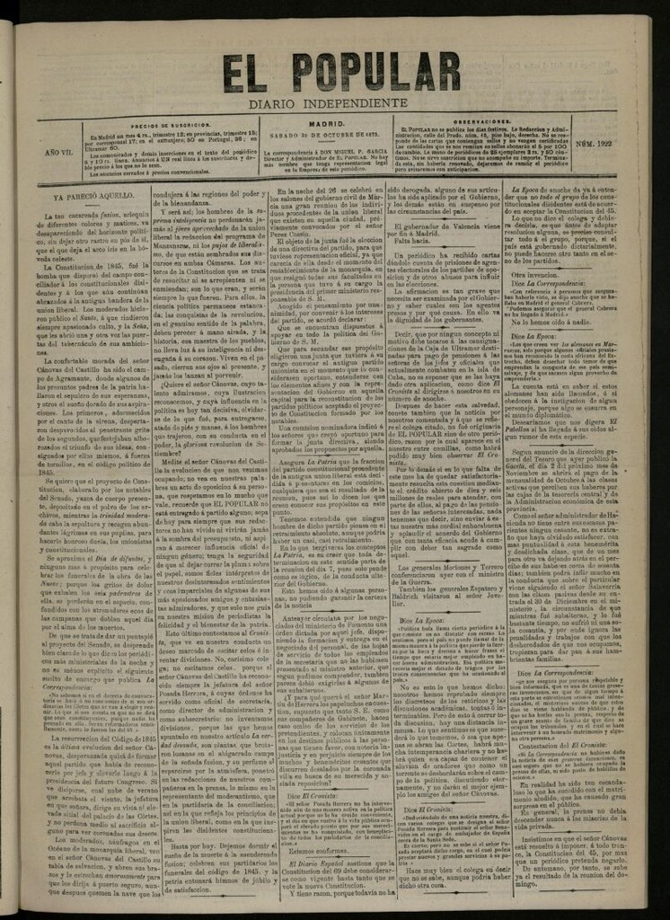 Miniatura de El Popular: diario independiente, político, literario y de noticias de interés general del 30 de octubre de 1875, nº 1922 [sic]