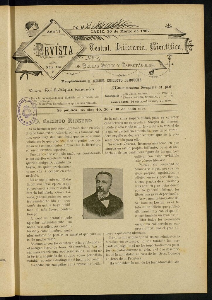 Miniatura de Revista Teatral, Literaria, Científica, de Bellas Artes y Espectáculos. Nº 193