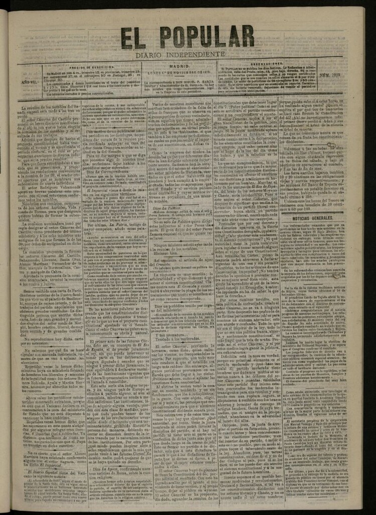 Miniatura de El Popular: diario independiente, político, literario y de noticias de interés general del 1 de noviembre de 1875, nº 1923