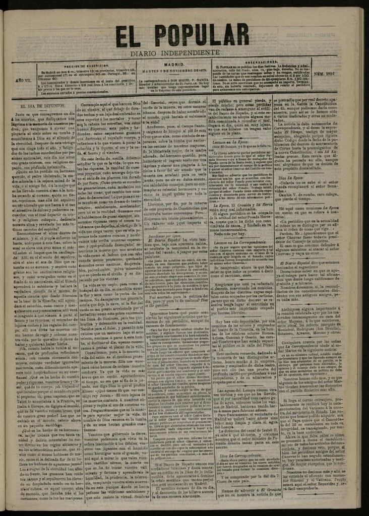 Miniatura de El Popular: diario independiente, político, literario y de noticias de interés general del 2 de noviembre de 1875, nº 1924