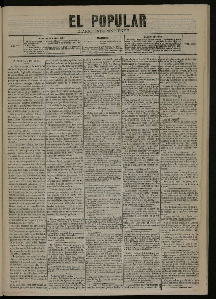 Miniatura de El Popular: diario independiente, político, literario y de noticias de interés general del 4 de noviembre de 1875, nº 1926