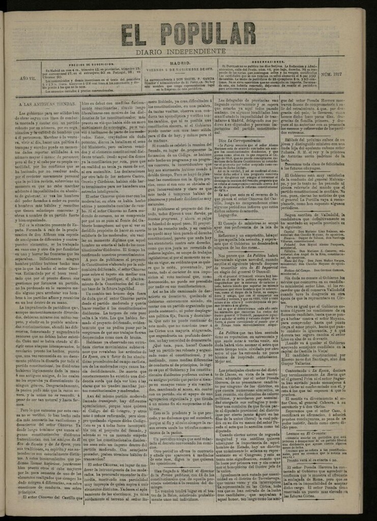 Miniatura de El Popular: diario independiente, político, literario y de noticias de interés general del 5 de noviembre de 1875, nº 1927