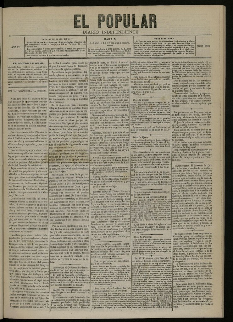 Miniatura de El Popular: diario independiente, político, literario y de noticias de interés general del 6 de noviembre de 1875, nº 1928