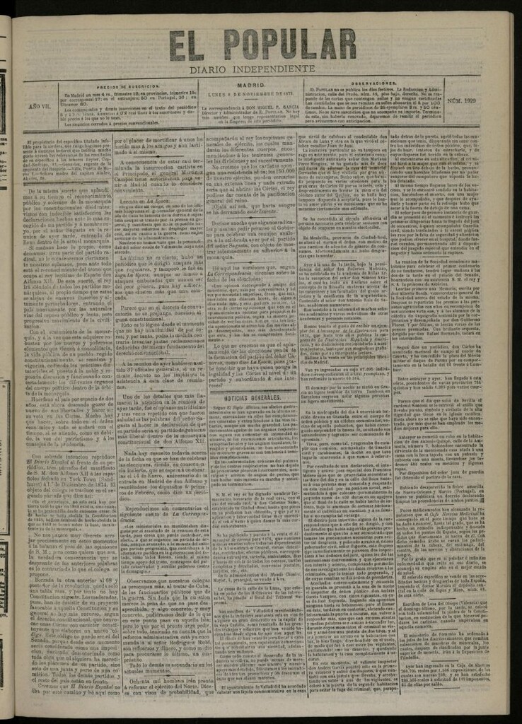 Miniatura de El Popular: diario independiente, político, literario y de noticias de interés general del 8 de noviembre de 1875, nº 1929