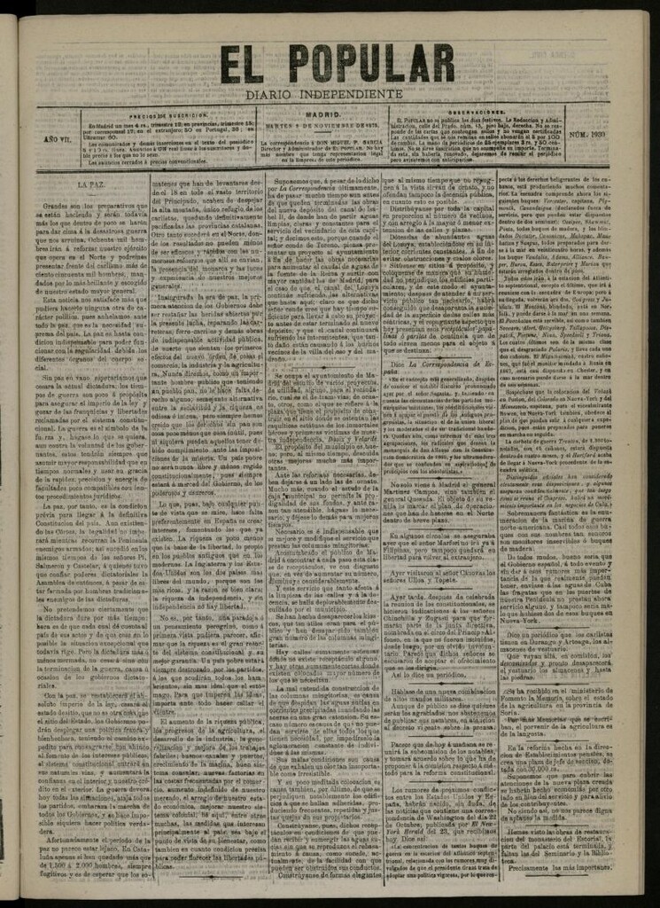 Miniatura de El Popular: diario independiente, político, literario y de noticias de interés general del 9 de noviembre de 1875, nº 1930
