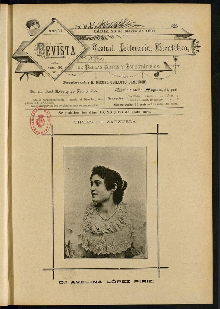 Miniatura de Revista Teatral, Literaria, Científica, de Bellas Artes y Espectáculos. Nº 192