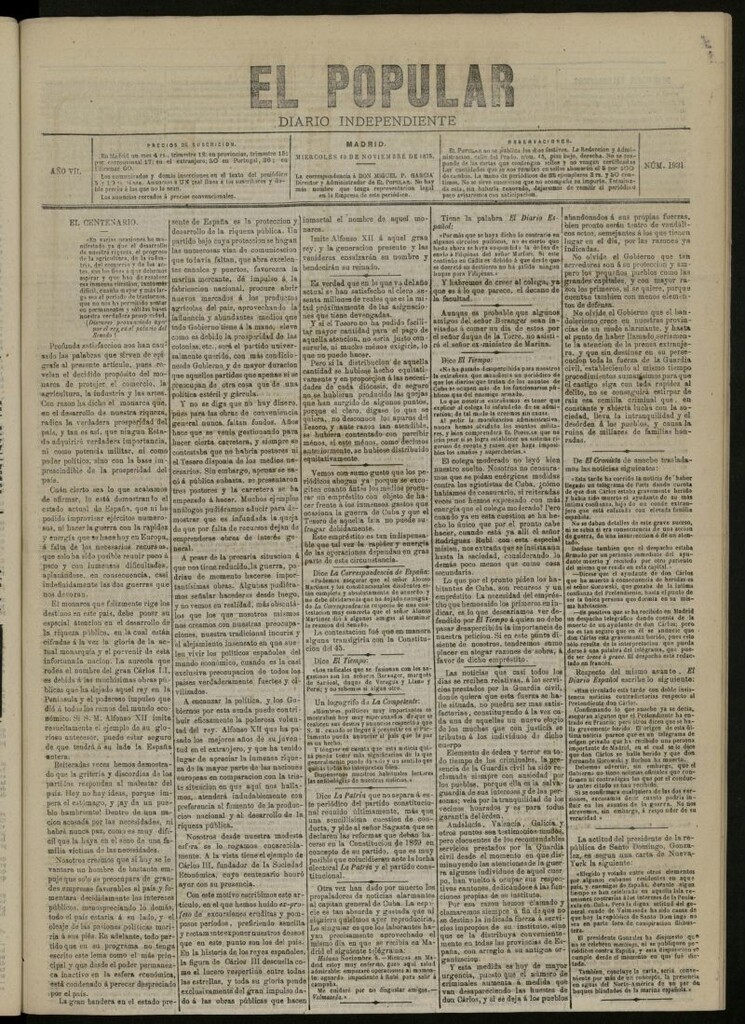 Miniatura de El Popular: diario independiente, político, literario y de noticias de interés general del 10 de noviembre de 1875, nº 1931