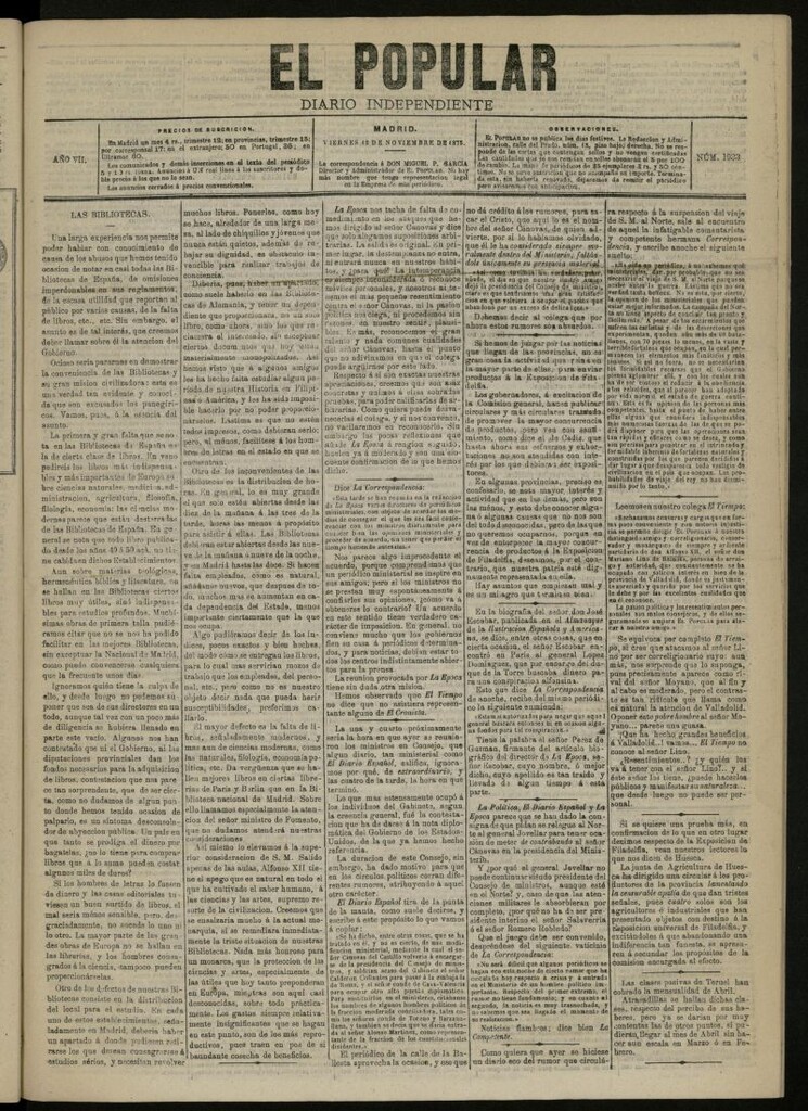 Miniatura de El Popular: diario independiente, político, literario y de noticias de interés general del 12 de noviembre de 1875, nº 1933