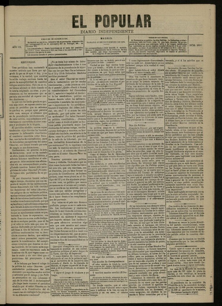 Miniatura de El Popular: diario independiente, político, literario y de noticias de interés general del 13 de noviembre de 1875, nº 1934