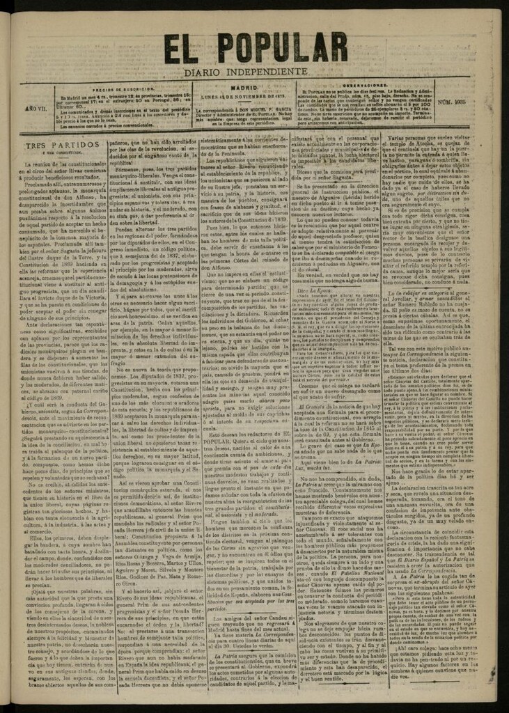 Miniatura de El Popular: diario independiente, político, literario y de noticias de interés general del 15 de noviembre de 1875, nº 1935