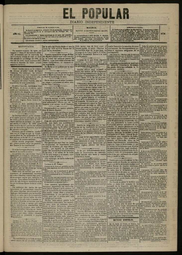Miniatura de El Popular: diario independiente, político, literario y de noticias de interés general del 16 de noviembre de 1875, nº 1936
