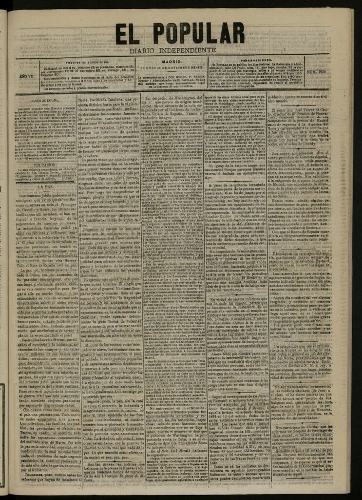 Miniatura de El Popular: diario independiente, político, literario y de noticias de interés general del 18 de noviembre de 1875, nº 1938