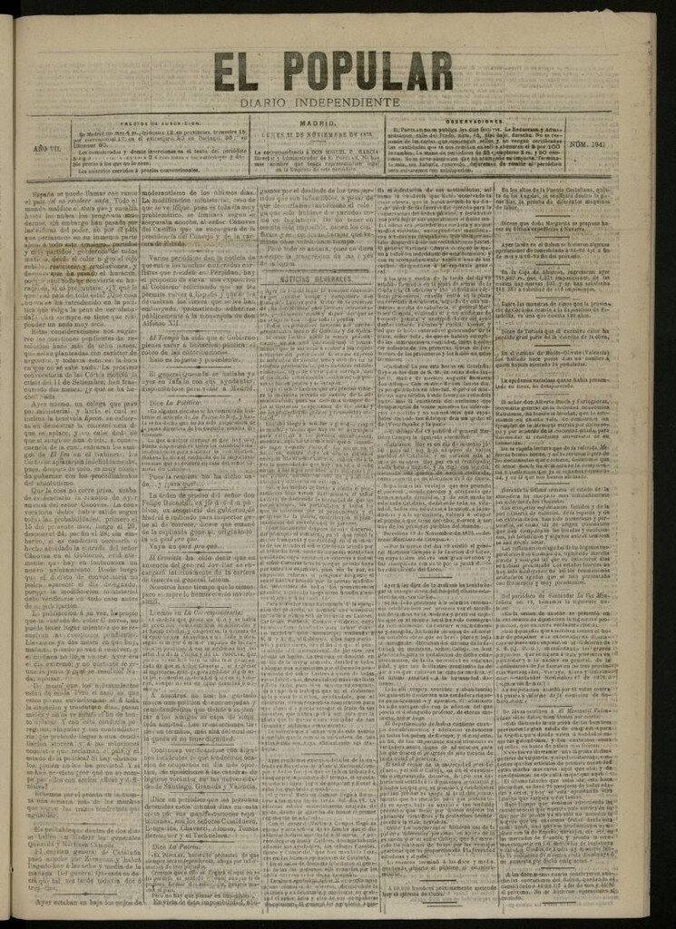 Miniatura de El Popular: diario independiente, político, literario y de noticias de interés general del 22 de noviembre de 1875, nº 1941