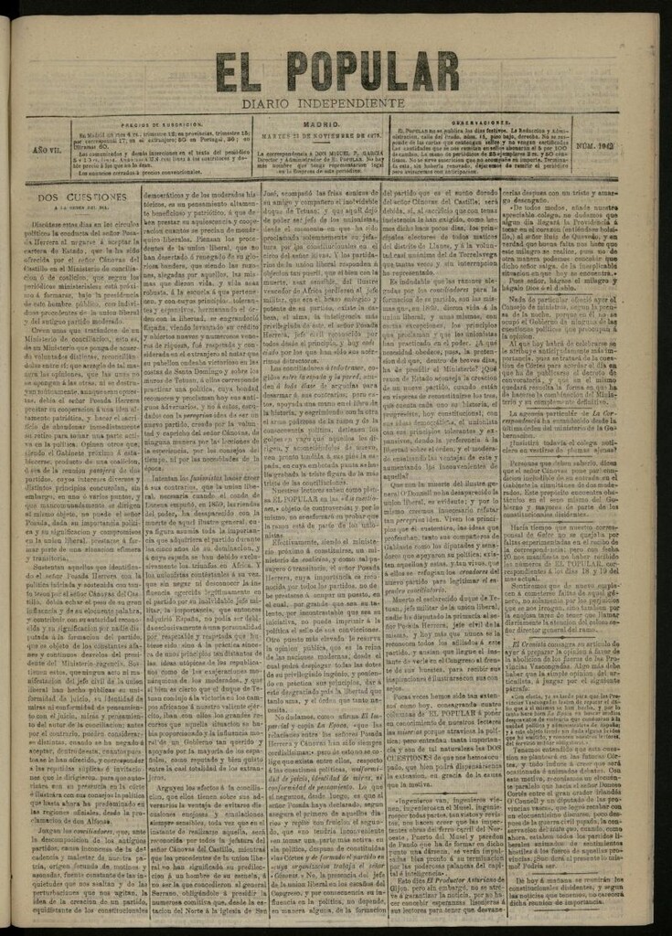 Miniatura de El Popular: diario independiente, político, literario y de noticias de interés general del 23 de noviembre de 1875, nº 1942
